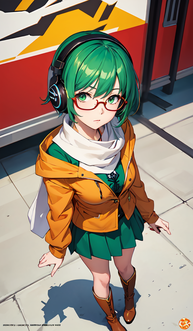 02771-2499808898-anime is an 1 8 - year - old girl with short green hair and green eyes, dressed in a green top, an orange short jacket with whit.png